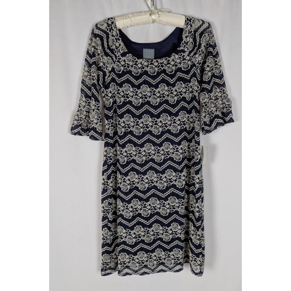 Rabbit Rabbit Rabbit Blue Lace Chevron Floral Bell Sleeve Shift Dress 6 NWT